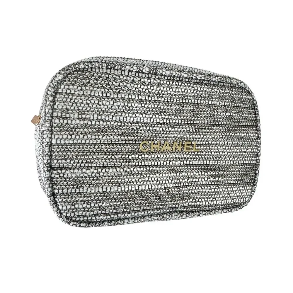 Chanel Beauté Tweed Cosmetic Pouch Makeup Toiletry Bag Silver/White